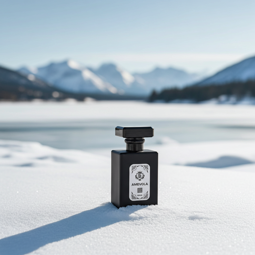 Black perfume bottle with a white label on a snowy landscape with mountains in the background