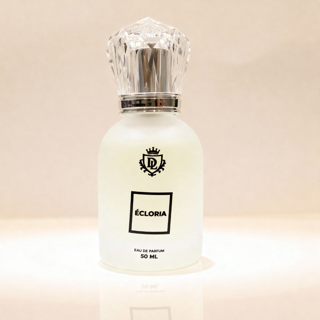 Perfume bottle with a crystal cap on a beige background