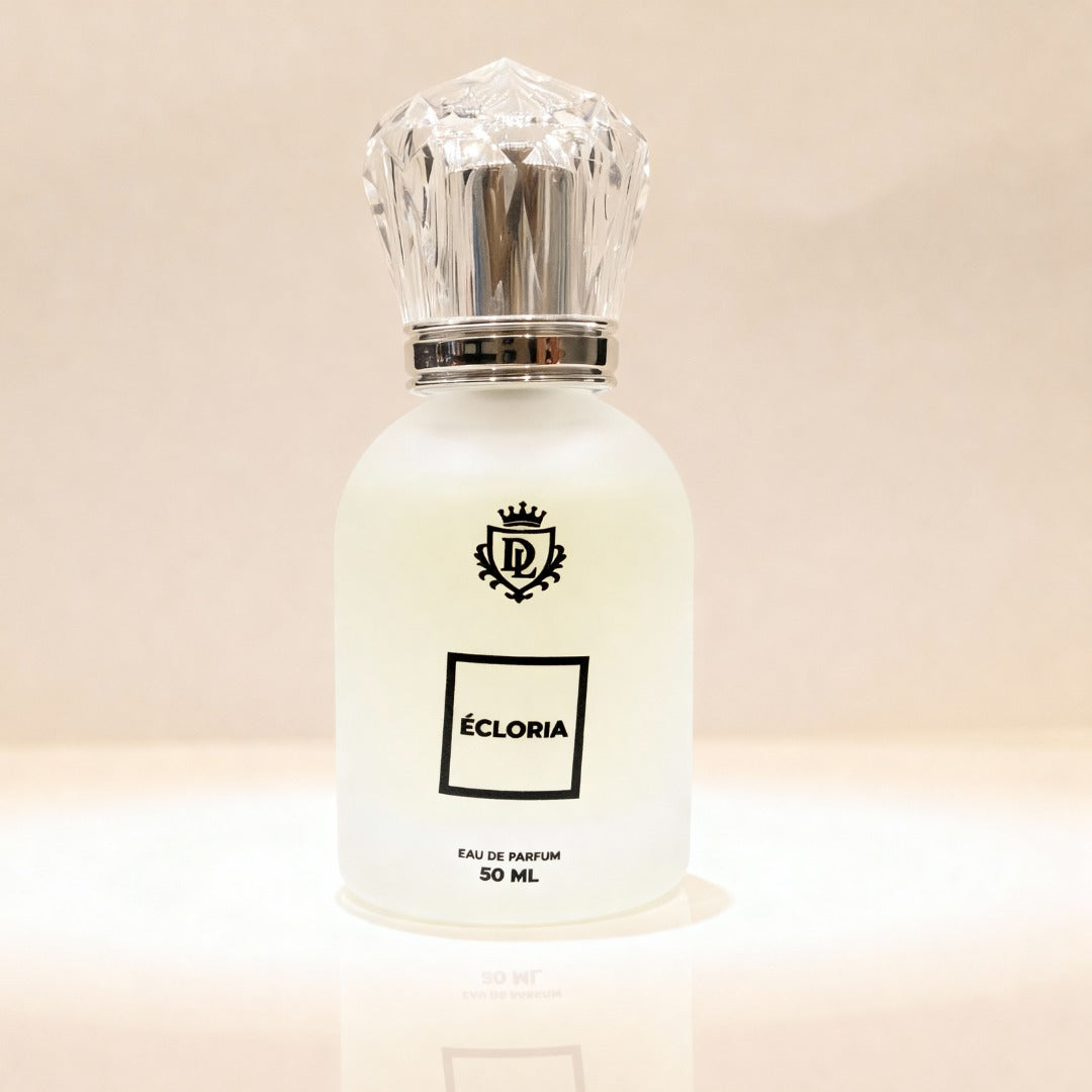 Perfume bottle with a crystal cap on a beige background