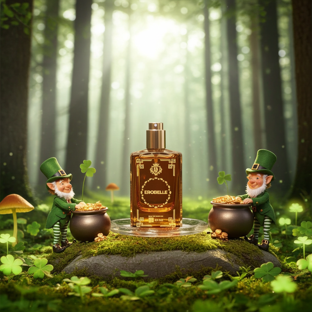 Perfume bottle labeled 'Erobelle' surrounded by two leprechauns in a forest setting.