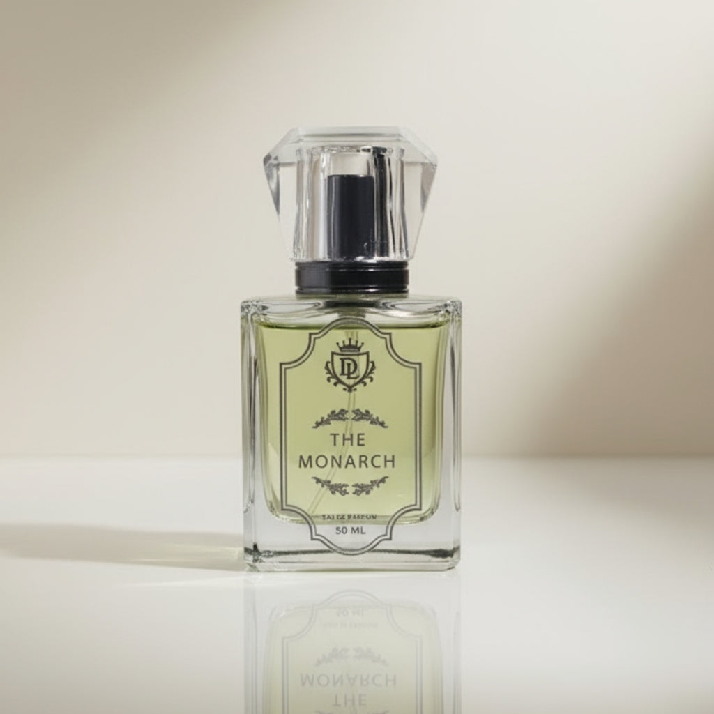 Perfume bottle labeled 'The Monarch' on a reflective surface with a neutral background