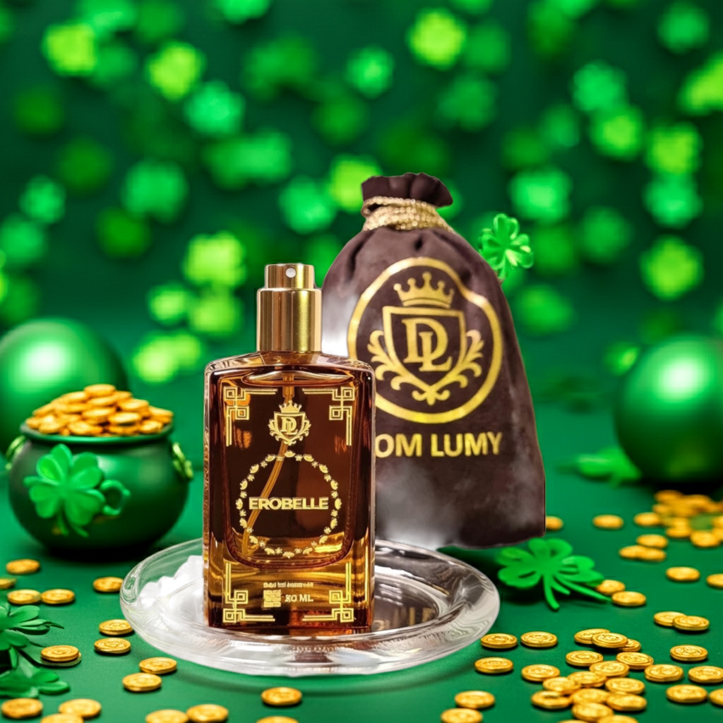 Perfume bottle with gold packaging and a decorative bag on a green background with gold coins and clovers.